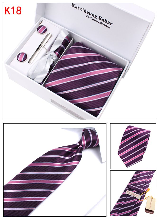 Mens Tie Set Silk Classic Tie Cufflinks Hanky Tie Clip Gift Box Purple Strips